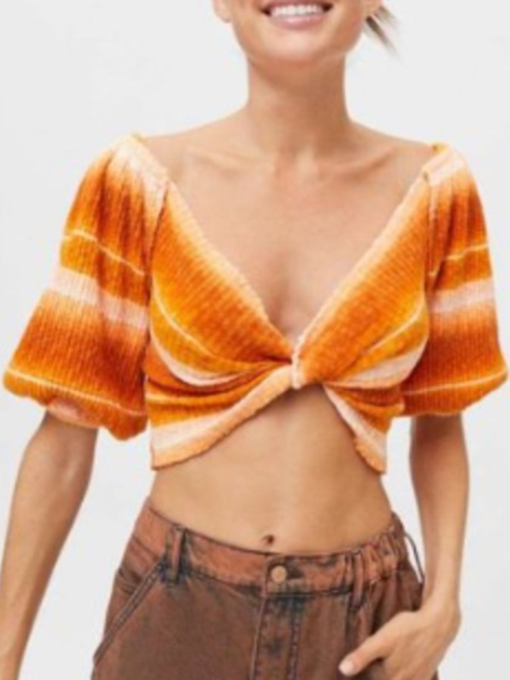Urban Outfitters Orange Ombré striped twist front puff sleeve cropped top